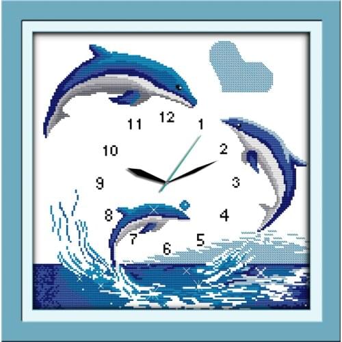 Blue dolphins cross stitch kit 14ct 11ct count print canvas wall clock stitching embroidery DIY handmade needlework
