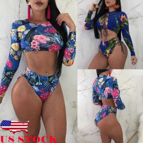 2020 New Fashion US STOCK Womens Long Sleeve Print Bikini Set Monokini Swimsuit Swimwear Bathing Suit
