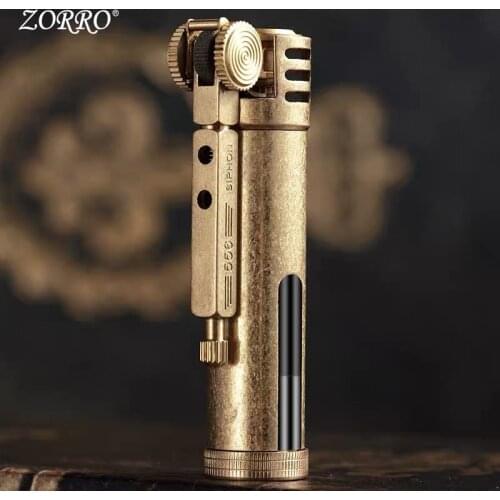 Hot selling Zorro Transparent oil tank Retro design Metal brass trenches Kerosene Gasoline oil cigarette lighter 73*23mm 46.5g