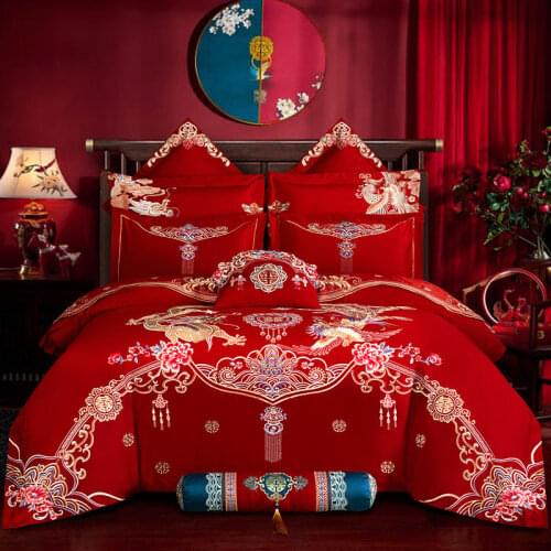 Luxury Gold Dragon Phoenix Flower Embroidery Chinese Wedding Princess Bedding Set Duvet Cover Bedsheet Linen Pillowcases Cotton