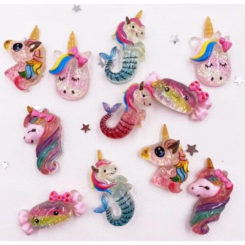 Resin Glitter 3D Colorful Unicorn Flatback Rhinestone Appliques 12pcs Scrapbook DIY Crystal Decor Figurine Craft OG83