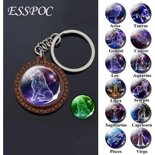 Glow In The Dark 12 Constellation Keychain Virgo Taurus Gemini Scorpio Leo Glass Cabochon Wooden Keyring Luminous Zodiac Jewelry
