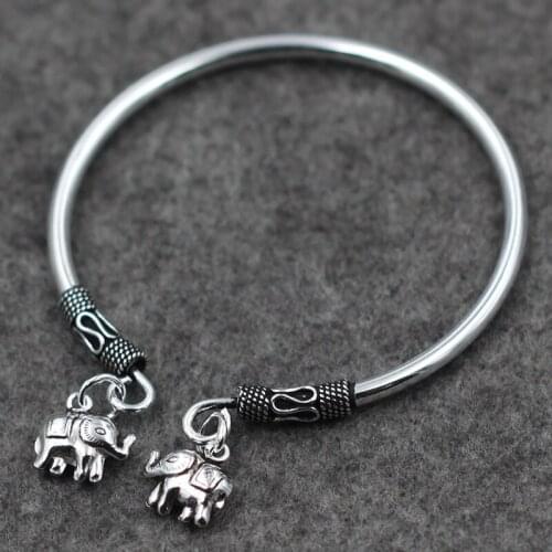 Hot Sale Vintage Double Elephant Charms Open Bangle Jewelry Antique 925 Thai Silver Bracelet Bohemian Boho Bracelet Women PKY313