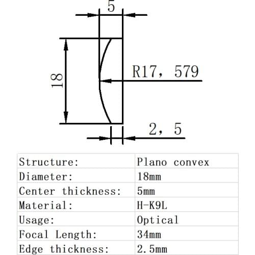 Plano Convex Lens Diameter 18mm Focal Length 34mm H-K9L Glass Lens Optical Glass Optical Lens