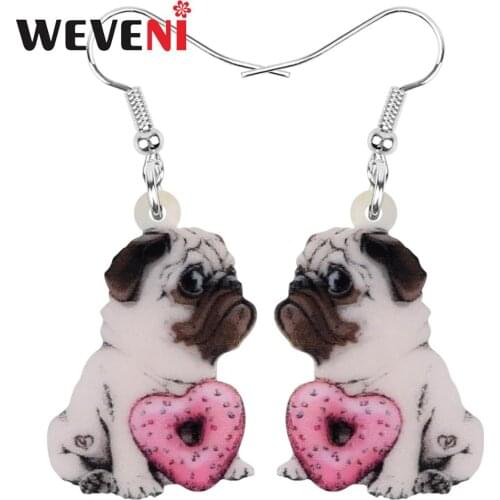 WEVENI Acrylic Valentines Day Donuts Pug Dog Earrings Animal Drop Dangle Jewelry For Women Girl Teen Kid Charm Decorations Gift