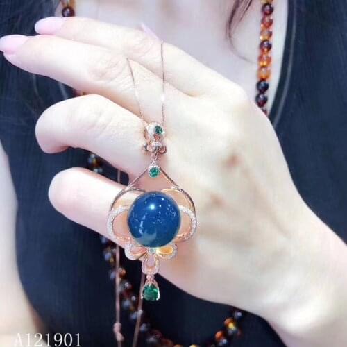 KJJEAXCMY boutique jewelry 925 sterling silver inlaid natural blue amber lady pendant support detection
