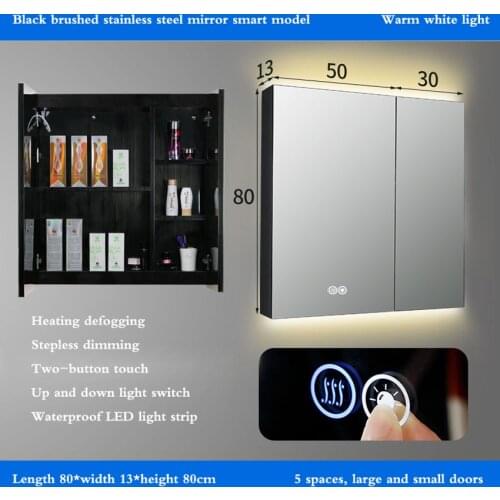 80*80*13cm Black Stainless Steel Mirror Cabinet Smart Anti-fog Bathroom With Lamp Mirror Cabinet Wall-mounted Bathroom Mirror