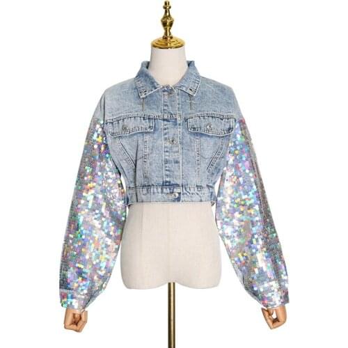 New Chic Sequined Bling Bling Long Sleeve Patchwork Women Denim Jacket Short Handsome Jeans Coat