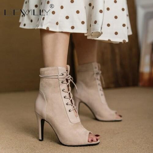 Lsewilly 2021 Women Peep Toe Flock PU Leather Sexy High Heels Spring Summer Cut Outs Lace Up Fashion Female Shoes Big Size 34-43