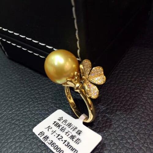 12-13MM natural southsea gold pearl ring 18K gold with diamond flower ring fine women jewelry free shipping