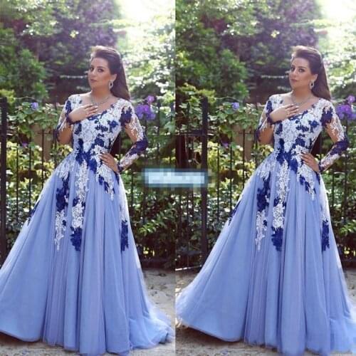 Blue V-neck Tulle With Applique Lace Formal Evening Dresses Long Sleeve Ball Gown robe de soiree Prom Dresses