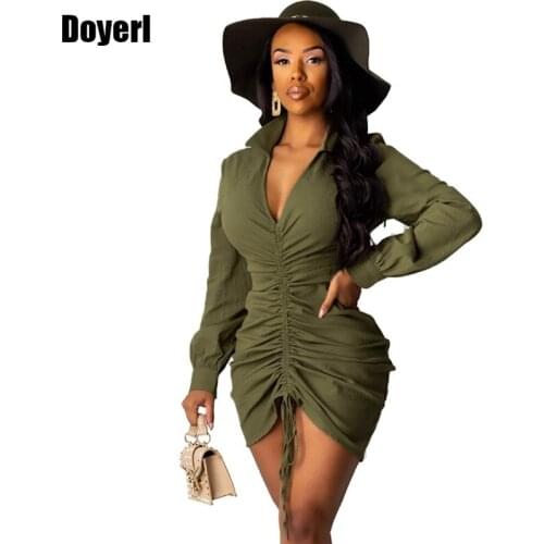 2020 Women Sexy Party Dress Long Sleeve V Neck Green Mini Ruched Dress Autumn Winter Elegant Short Club Bodycon Dress Vestidos