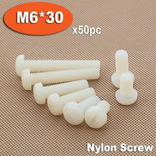50pcs DIN7985 M6 x 30 White Plastic Nylon Pan Head Phillips Screw Cross Recessed Raised Cheese Head Screws