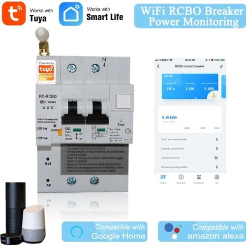 ALexa Tuya Smart APP RCBO Circuit Breaker with Power Monitoring 2P 16A-100A WiFi MCB Leakage Current Short Circuit Protection