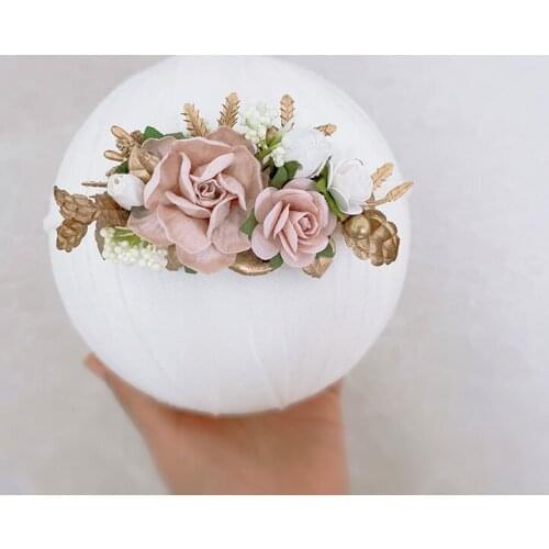 Free Shipping Blush Pink White Flower Golden Leaves Skinny Girl Headband