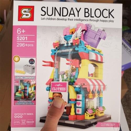 SEMBO Blocks New Street Mini Shop Coffee Building Bricks for Children Toy Bread Store Kids Toys Girls Present with led light