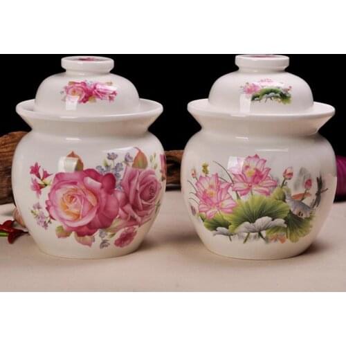Jingdezhen Ceramic Pickles Jar Sealed Storage Tank Korea Pickled Kimchi Container Chinese Style Pickle Jars Kitchen Accessories