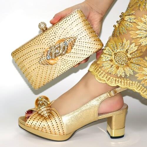 Doershow gold Shoes with Matching Bags for Wedding Women Shoes and Bag to Match for Party Nigerian Shoes and Bag Set!HIM1-23