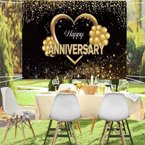 Happy Anniversary Banner Sign Decorations Wedding Anniversary Party Backdrop Supplies Black Gold Anniversary Poster Photo Booth