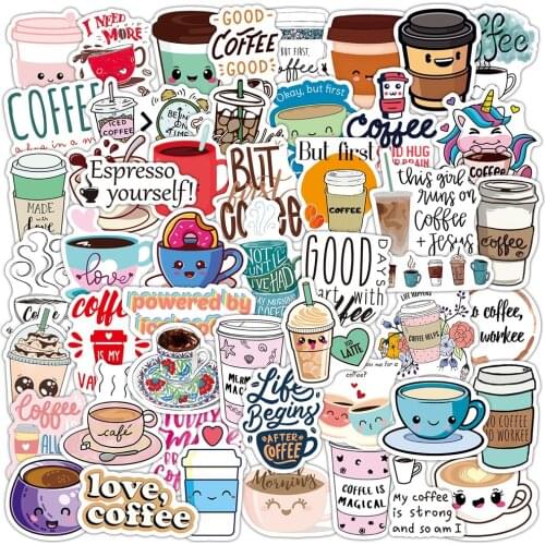 50PCS Cute Cartoon Coffee Stickers PVC For Girl Kawaii Decal Sticker Toy DIY Stationery Luggage Suitcase Laptop Guitar Pegatinas