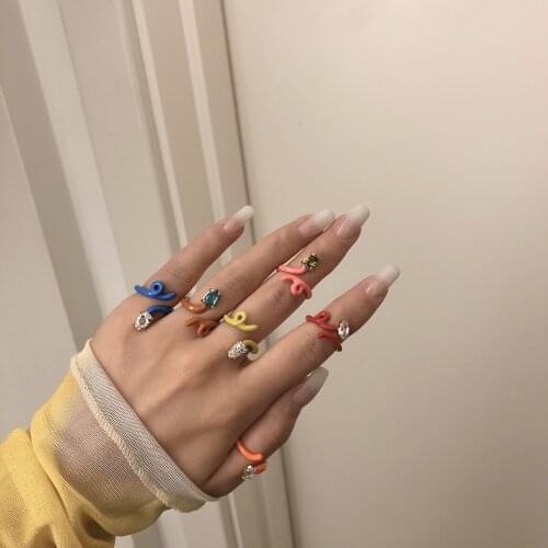 New Fashion Trend Snake-shaped Color Rings for Women Girl Adjustable Rhinestone Pink Yellow Blue Color Ring Party Friends Gifts