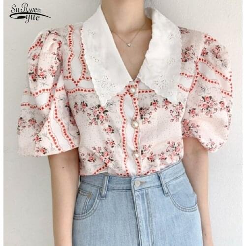 Single-breasted Floral Shirt Women Vintage Puff Sleeve Tops Print Blouse Women Summer Chic Embroidery Shirts Blusas Mujer 15343