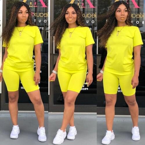 Two-piece Solid Color Clothing Crew Neck T-shirt and Tight-fitting Shorts Simple New Women Fashion Style Tracksuit Outfit Sale