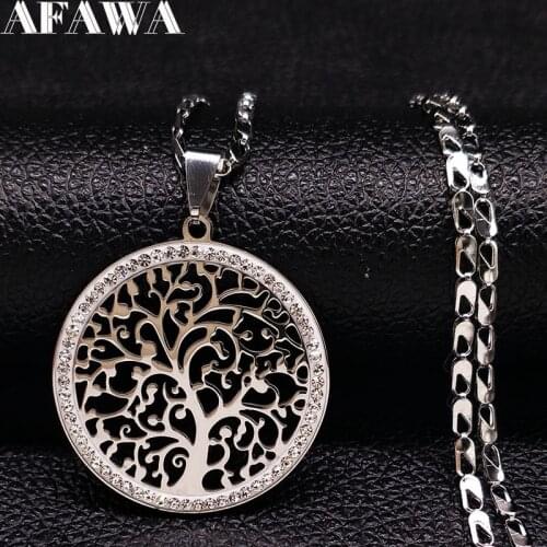 Crystal Stainless Steel Necklace Jewelry Round Silver Color Tree of life Necklaces & Pendants Jewellery bisuteria mujer N25S01