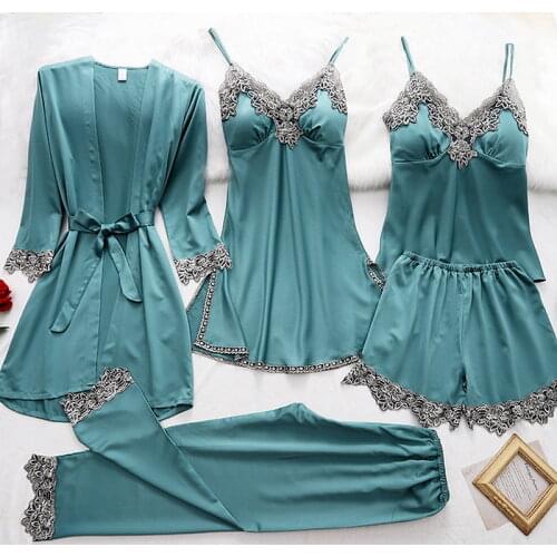 New 5 Pieces Sets Women Pajamas Sets Faux Silk Pajamas Set Sleepwear Sets Sexy Lace Fashion Autumn 2021 New Nightwear Homewear