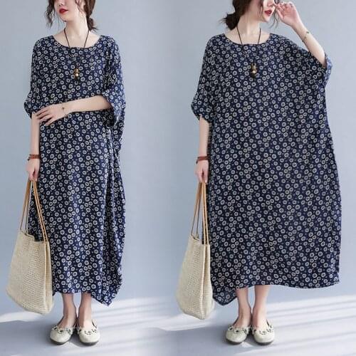Plus Size Women Sunflower Dress 2021 Summer New Batwing Loose Cotton Linen Maxi Dress Robe Female Big Size Kawaii Floral Dresses
