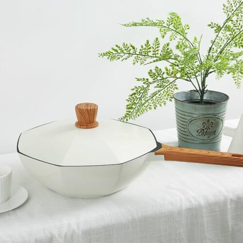Simple White Multi-function Non-stick Flat Bottom Cooking Pot Net Red Octagonal Shape Wooden Handle Light Oil Less Smoke