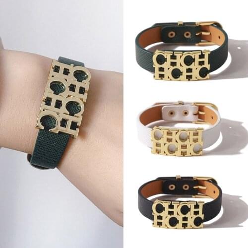 Punk Style Belt Clasps Design 316L Steel CH Letter 9 Colors PU Leather Charms Bracelet&Bangle For Women Jewelry Wholesale