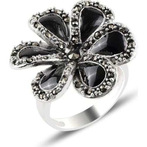 Silver 925 Sterling Flower Enamel & Marcasite Ring