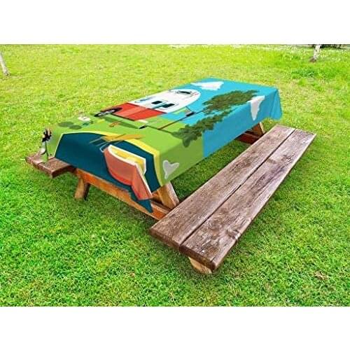Happy Outdoor Tablecloth Cartoon Fishing Trip Scene Caravan Boat Fire Pit Camping Table Laundry Line