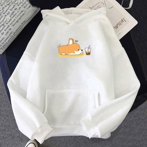 Shiba Inu and Boba Sweatshirts Bubble Tea Printed Pullovers Vintage Cartoon Female Hooded Clothes 2021 New Kawaii Women Hoodies