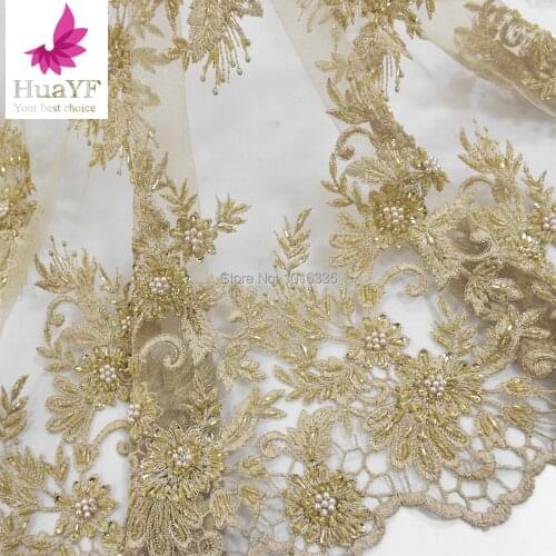 2020 African gold Lace Beaded Fabric Embroidered Nigerian Lace Up Fabric Bridal High Quality French Tulle Lace Fabric For Women