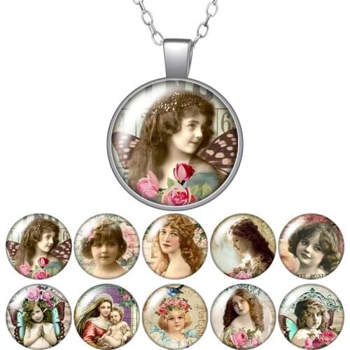 Vintage Madonna angel Round Glass Cabochon Photo Pendant Necklace Women Jewelry Party Birthday Gift 50cm ZB0976