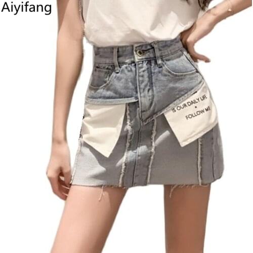 Fashion Brand Summer Women Vintage Mini Denim Skirt With Pockets Turned Out Irregular A-Line Skirts High Waist Jean Short Skirt