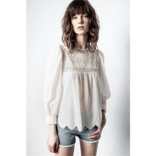 2021 New Arrive Embroidered Women Lace Tops Long Puff Sleeve Round Neck High Quality Lady Cotton Blouse