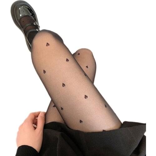 C6UD Japanese Style Women Summer Silky Pantyhose Sweet Heart Drop Print Sheer Tights Lolita Kawaii Transparent Stockings