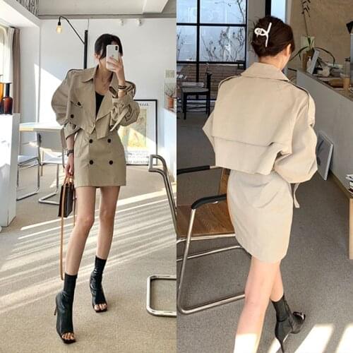 Office Lady Temperament Big Lapel Double Breasted Trench Jacket Short + Wrap Hip Mini Skirts Casual Vintage Sets Fashion Korean