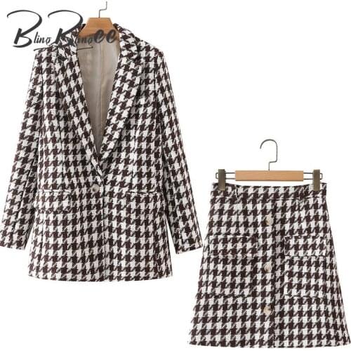 BlingBlingee Autumn Winter Tweed Woolen Houndstooth Blazers Suits Women Casual 2 Piece Sets Jacket High Waist Mini Skirt 2021