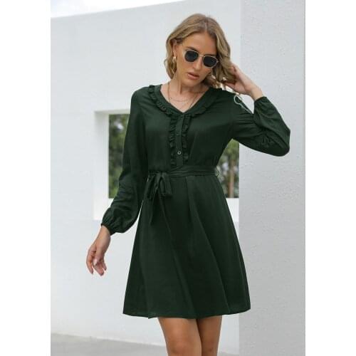 Women Robe Femme Solid Color A-Line Dresses Single-Breasted Ruffles Bandage Long Sleeve Slim Dress For Woman Vestido De Mujer