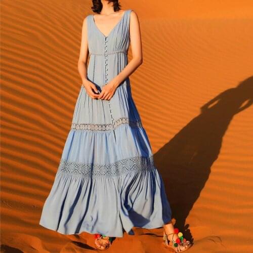 Boho Blue Rayon Tank Maxi Dress Women Wild Chic Casual Slim Sleeveless Lace Patchwork Dresses Summer Beach Holiday Vestidos 2020