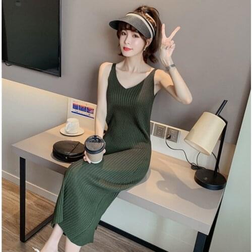 2020 Korean Feminina V-neck Long Dress Spring And Summer Slim Knit Sling Women Elegant Solid Color Vest Wild Sleeveless Dress