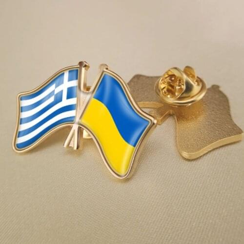 Greece and Ukraine Crossed Double Friendship Flags Lapel Pins Brooch Badges