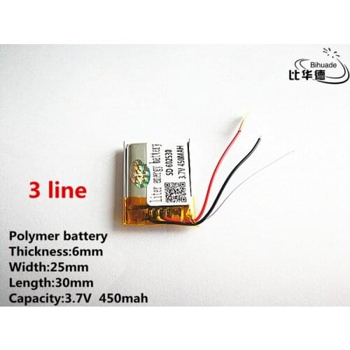 10pcs/lot 3 line Good Qulity 3.7V,450mAH,602530 Polymer lithium ion / Li-ion battery for TOY,POWER BANK,GPS,mp3,mp4