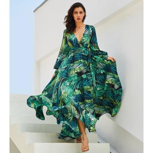 3XL Plus Size 2021 Autumn Fashion Women Long Lantern Sleeve V-Neck Loose Dresses Floral Print Bohemia Casual Beach Green Dress