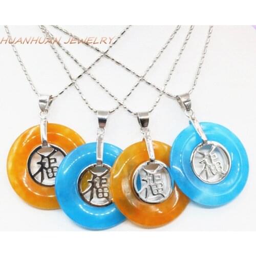 Stainless Steel Chain Natural Stone Jades Pendant For Women 30mm Religious Prayer Necklace Pendants Circle Round Jewelry B3325