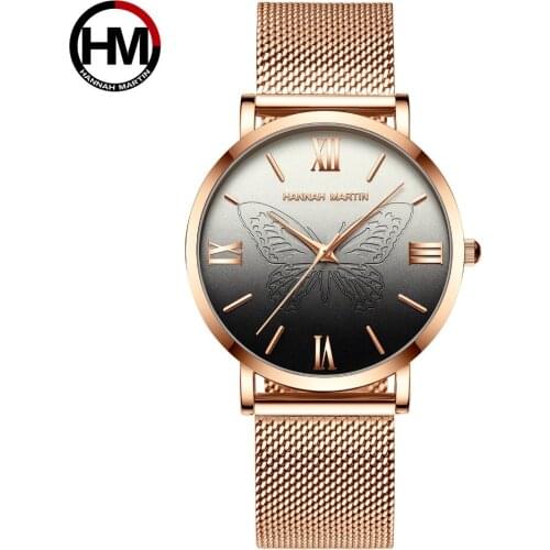Hannah Martin Luxury Women Watches Waterproof Steel Mesh Quartz Wristwatch Butterfly Elegant Ladies Dress Watch Clock Free Box